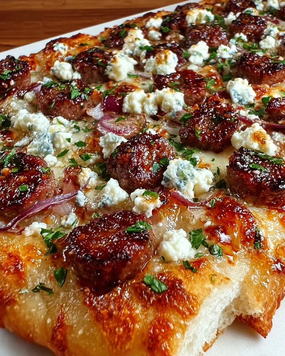 Hot sausage feta honey pizza with drizzled honey and fresh ingredients