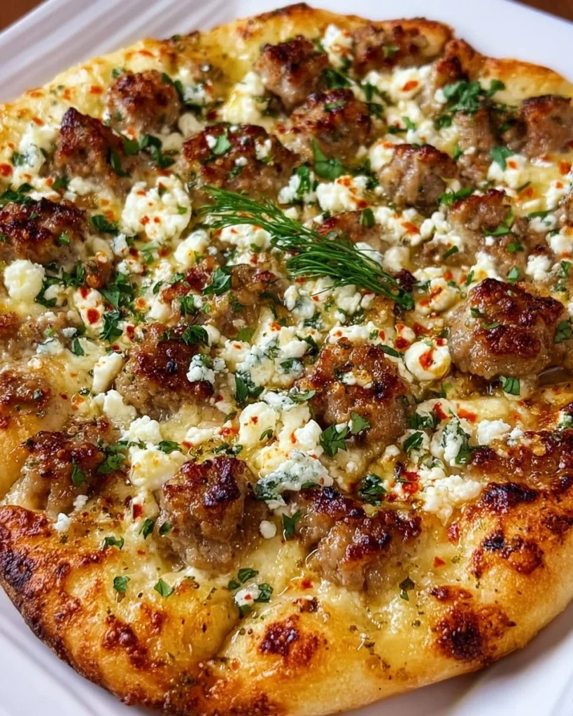 Hot sausage feta honey pizza with drizzled honey and toppings