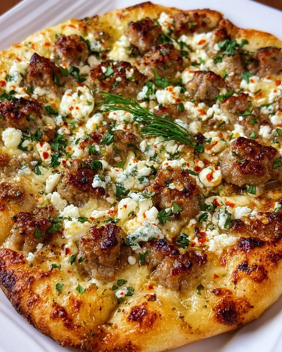 Hot sausage feta honey pizza with drizzled honey and toppings