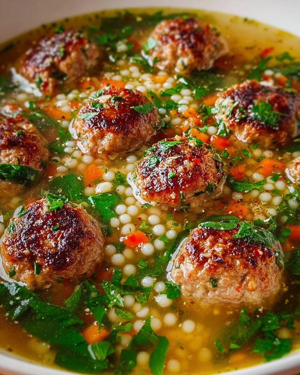 A bowl of Italian meatball wedding soup garnished with fresh herbs.