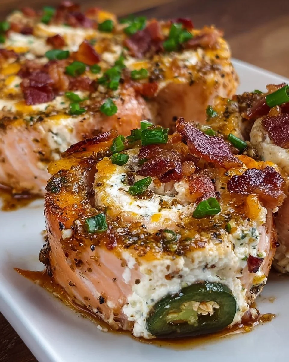 Delicious jalapeño popper salmon pinwheels garnished with cream cheese and herbs