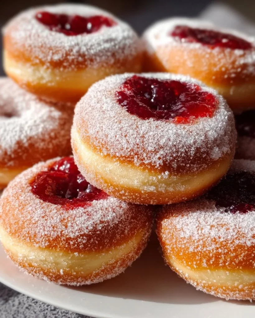 Delicious jelly donuts dusted with powdered sugar and filled with fruit jelly.