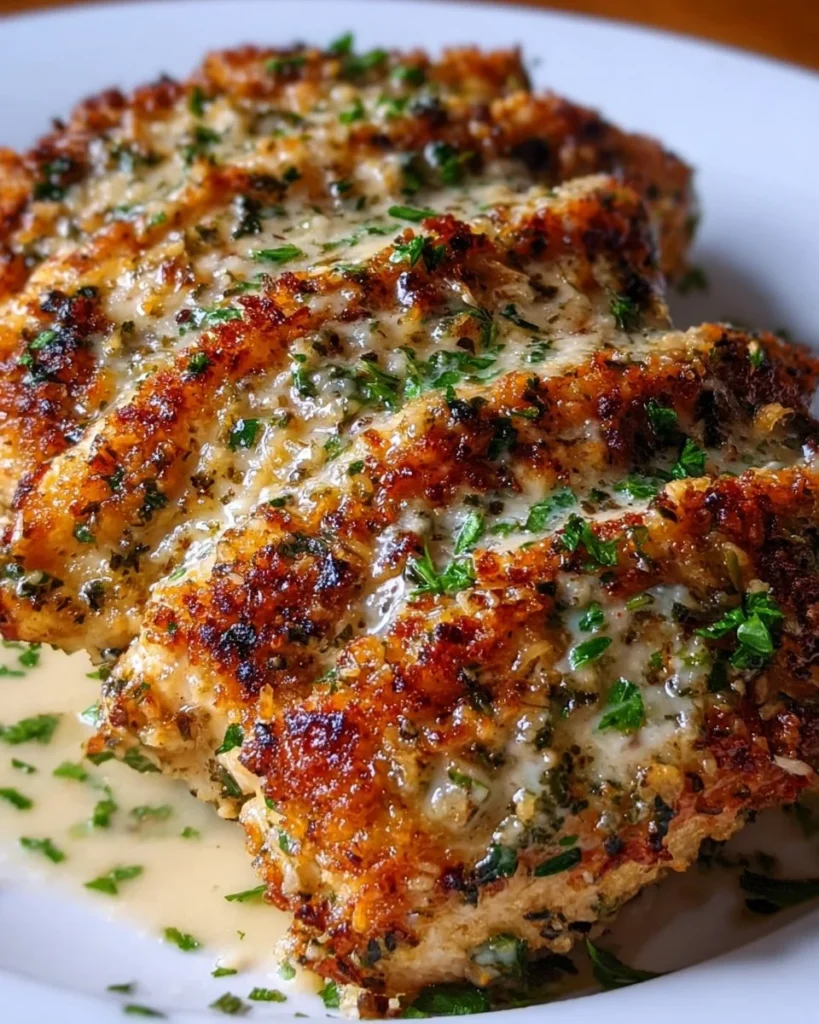 Juicy garlic parmesan chicken served with herbs and spices