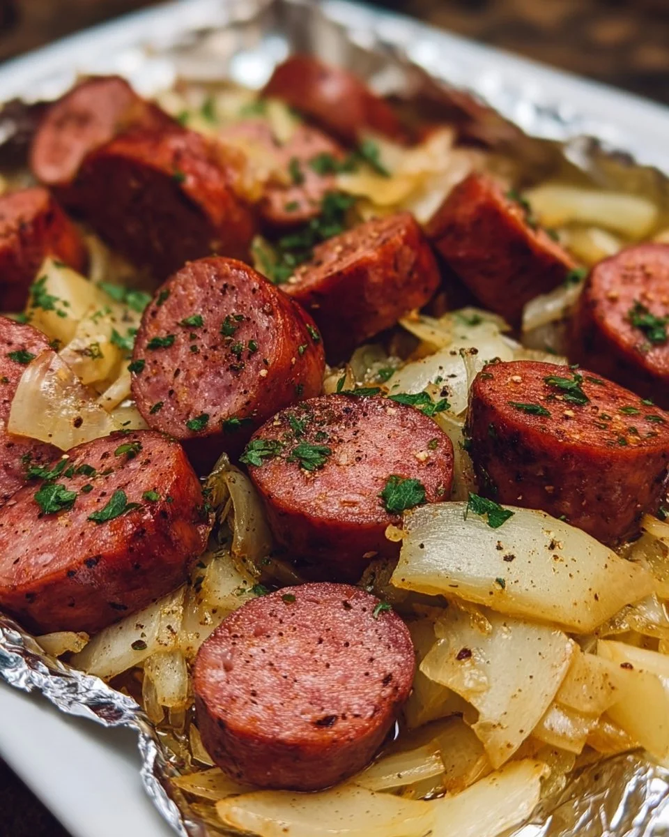 Kielbasa and cabbage foil packs ready for cooking on a grill.