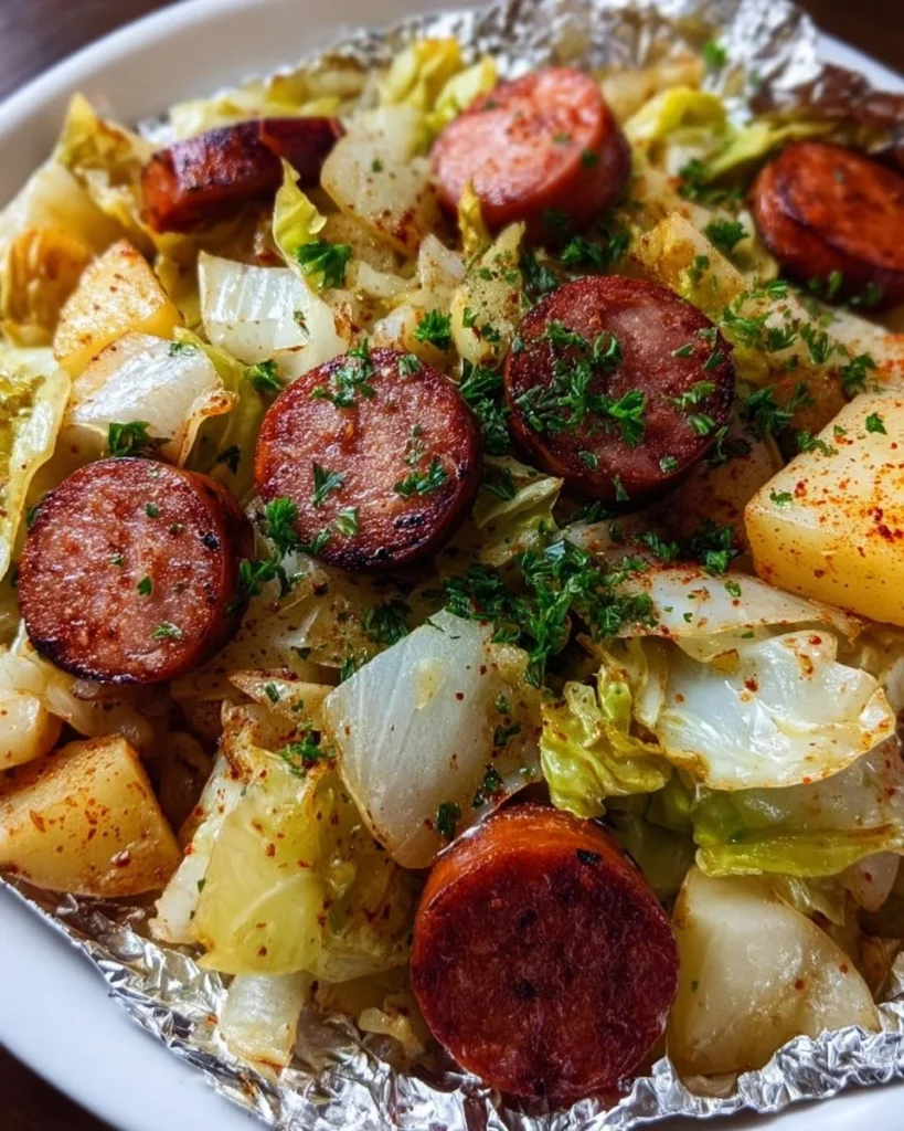 Kielbasa and cabbage foil packs ready to cook for a delicious meal