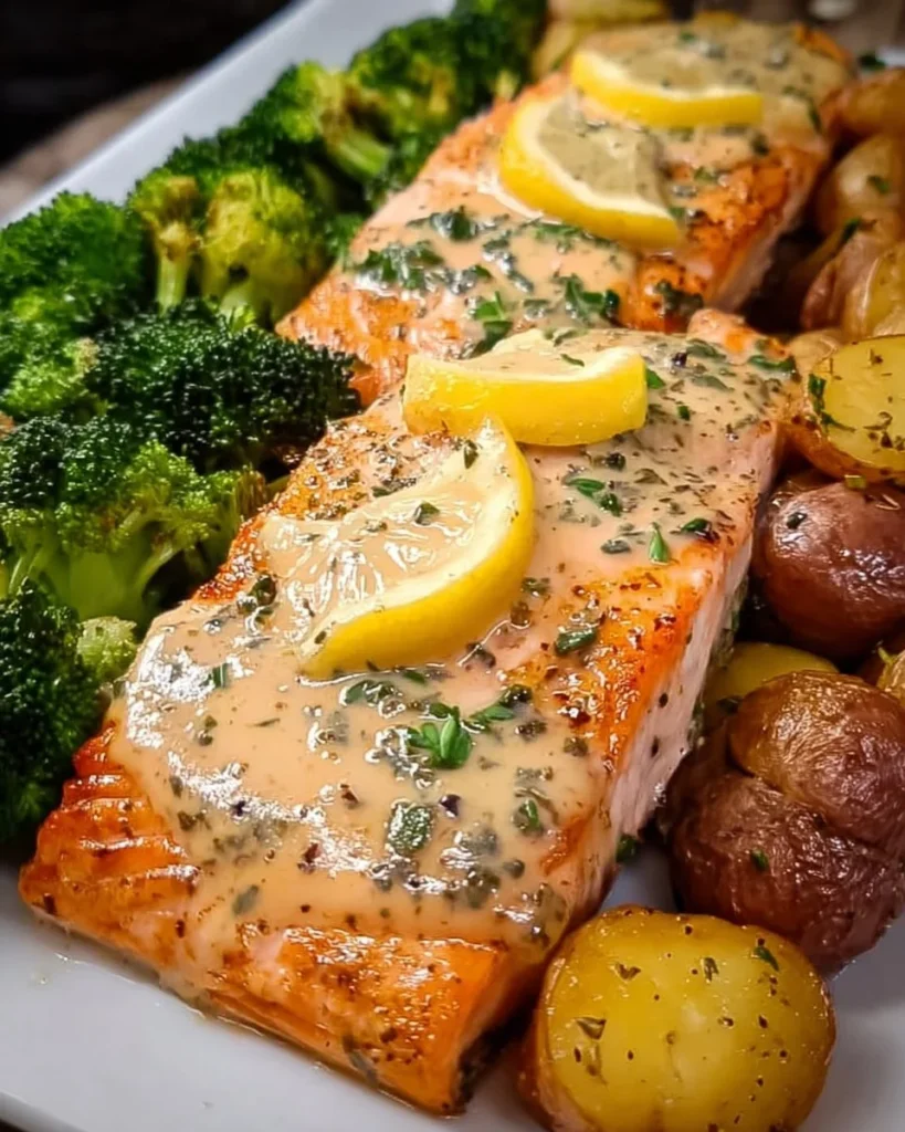 Plate of Lemon Butter Salmon with crispy potatoes and steamed broccoli.