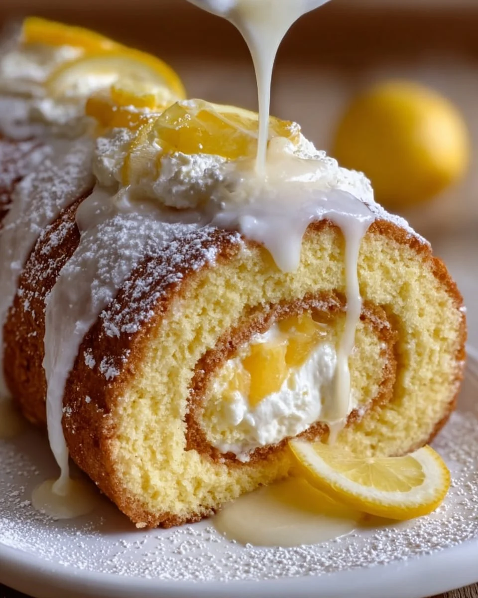 Lemon Cream Roll Cake with Lemon Glaze on a white plate