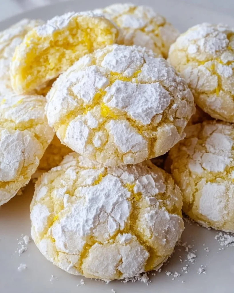 Delicious lemon crinkle cookies dusted with powdered sugar, showcasing their signature cracks.