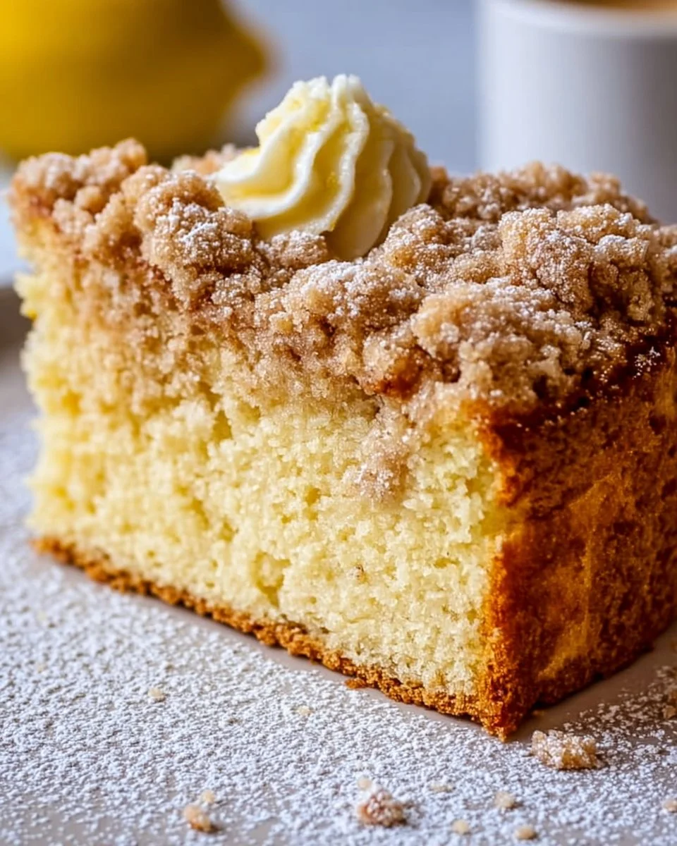 Lemon Crumb Coffee Cake with crumbs and lemon zest on a white plate