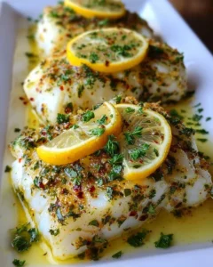 Lemon Garlic Butter Cod served with herbs and vibrant lemon slices