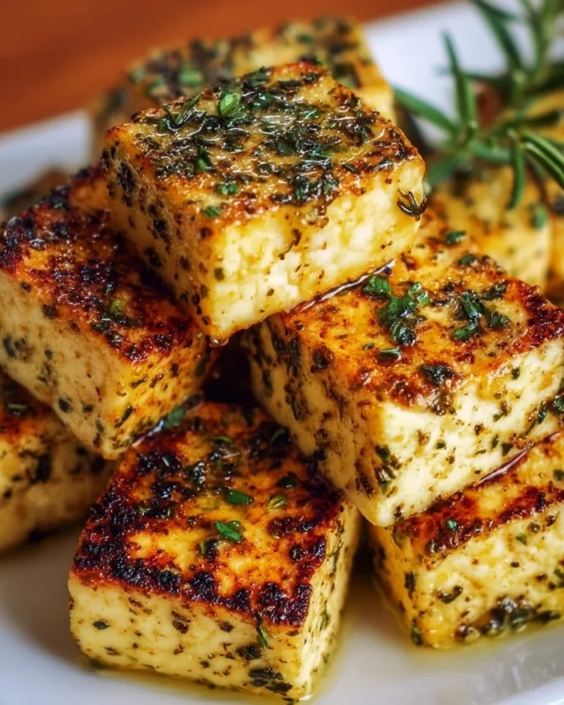 Lemon Herb Baked Tofu served on a plate with herbs and lemon slices.