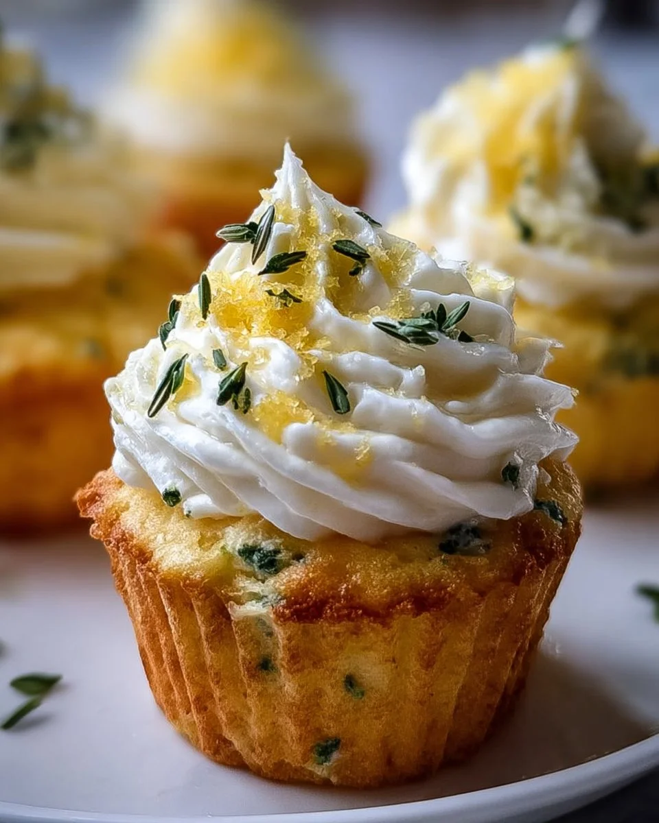 Delicious Lemon Thyme Rosemary Cupcakes topped with fresh herbs and lemon zest