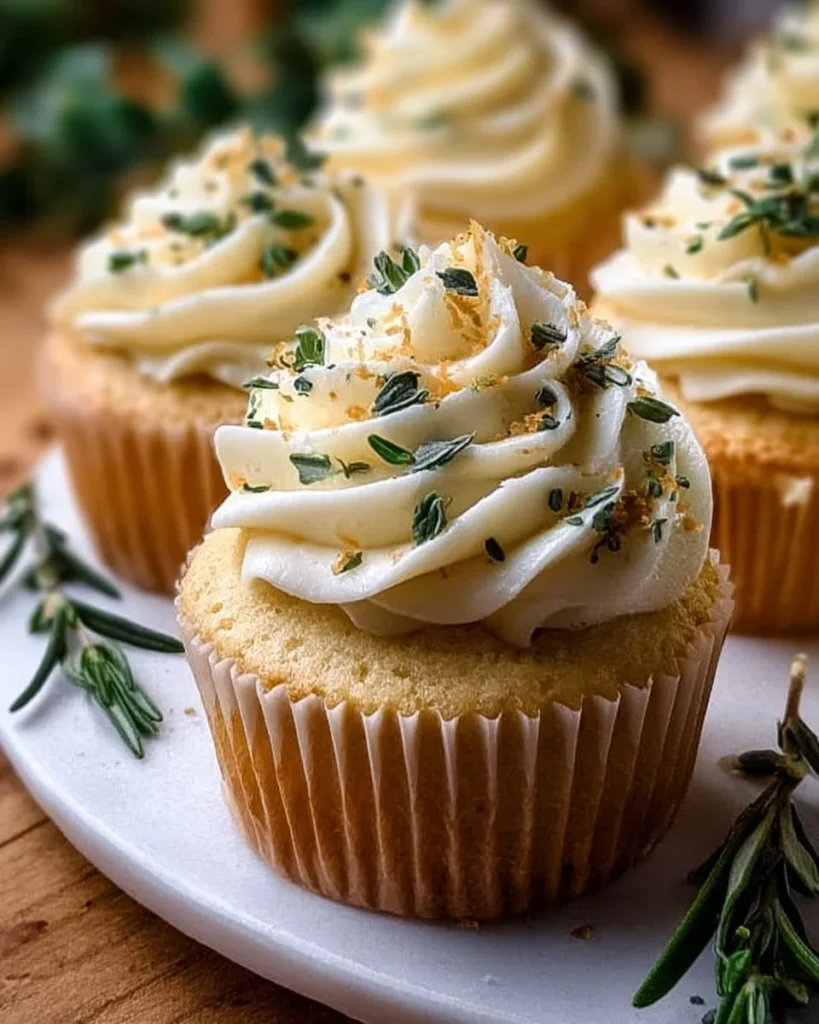 Lemon thyme rosemary cupcakes topped with fresh herbs and lemon zest
