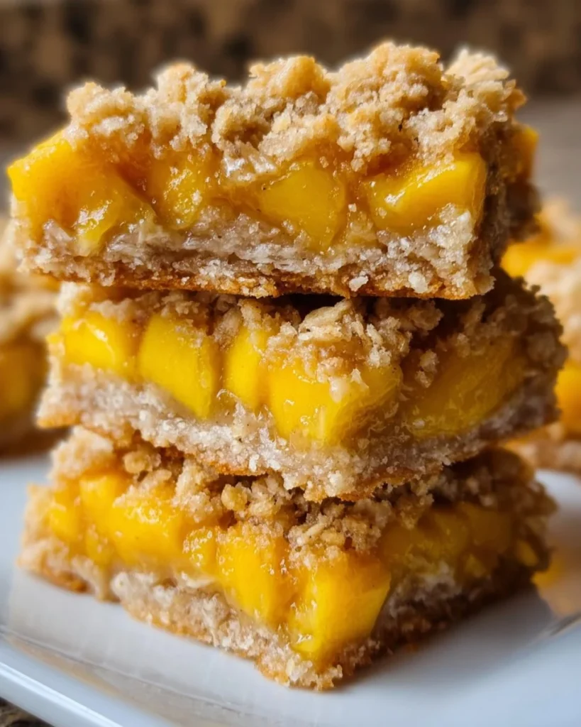 Delicious Mango Oatmeal Crumble Bars topped with juicy mango slices and oats