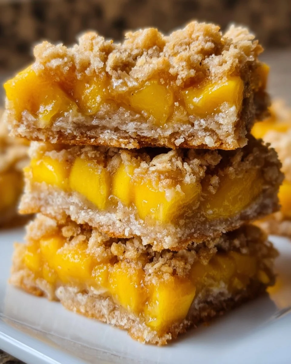 Delicious Mango Oatmeal Crumble Bars topped with juicy mango slices and oats