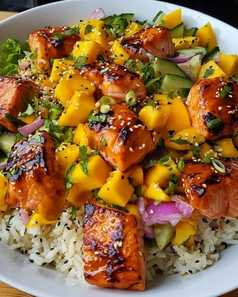 Maple Sriracha Salmon Bites with Mango Salsa in a bowl