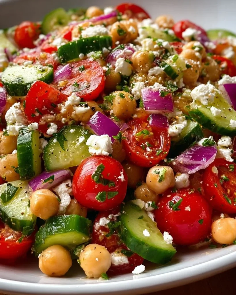 Mediterranean Chickpea Salad with Cucumber and Feta garnished with fresh herbs