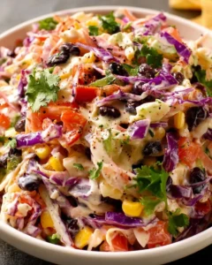 Bowl of colorful Mexican coleslaw with fresh vegetables and dressing
