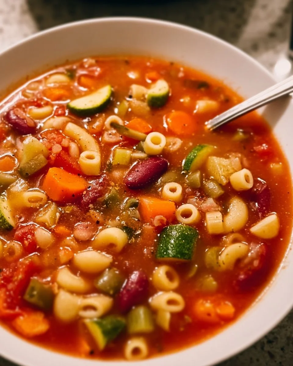 A delicious bowl of hearty minestrone soup with fresh vegetables and beans