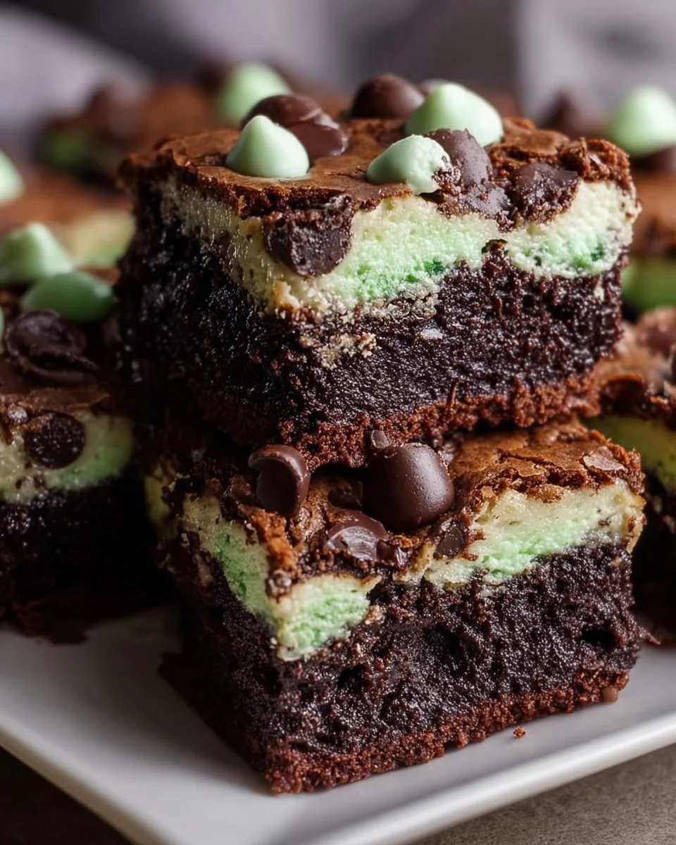 Delicious mint chocolate chip brownies topped with mint chips and chocolate drizzle.
