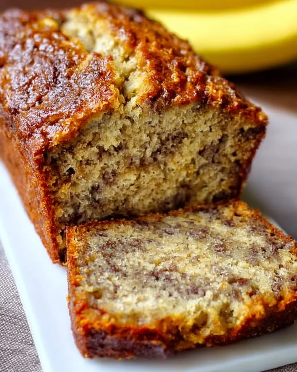 Freshly baked moist banana bread with a golden crust and ripe bananas