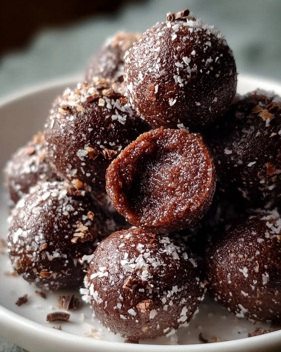 Delicious no bake brownie bites on a white plate, perfect for quick desserts.
