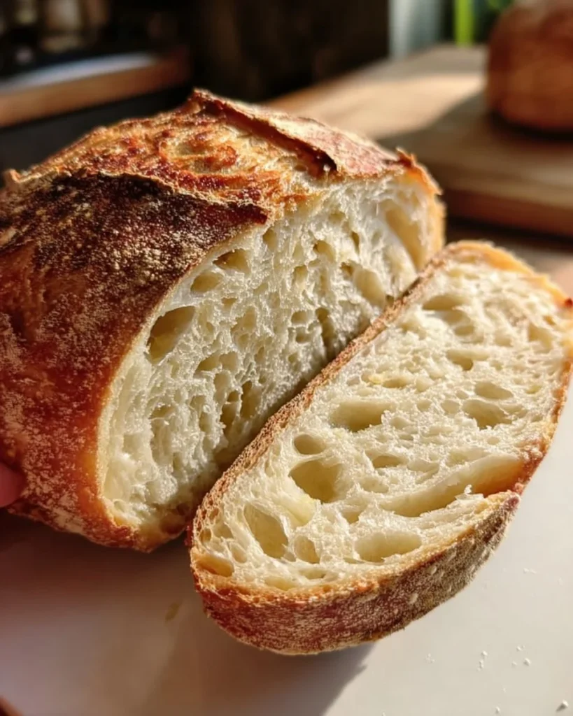 Loaf of no-bulk-fermentation sourdough bread on a wooden cutting board.