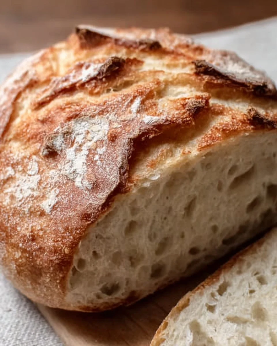 Freshly baked one-day sourdough bread loaf on a wooden table.