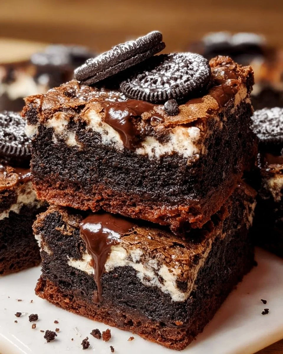 Delicious homemade Oreo Brookie Bars dessert with brownies and Oreo cookies