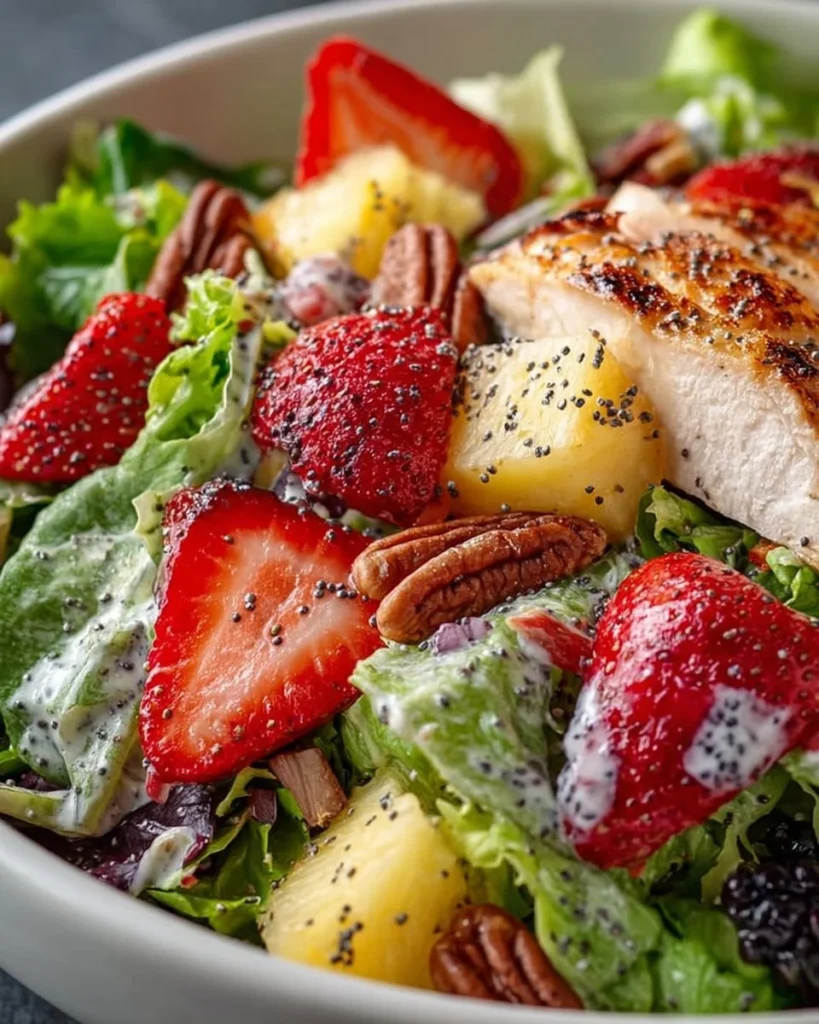 Delicious Panera Strawberry Poppyseed Salad with strawberries and greens