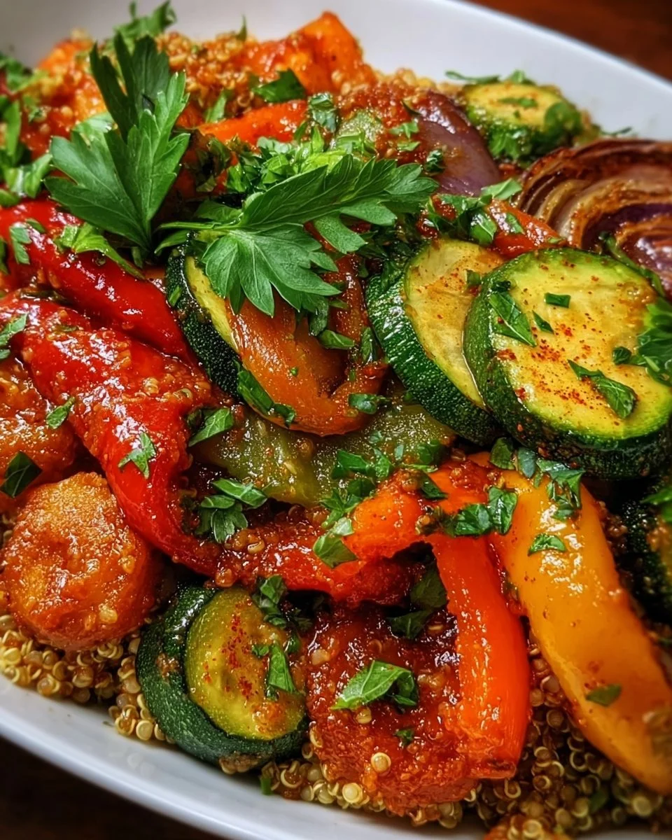 Bowl of paprika roasted vegetable quinoa topped with fresh herbs