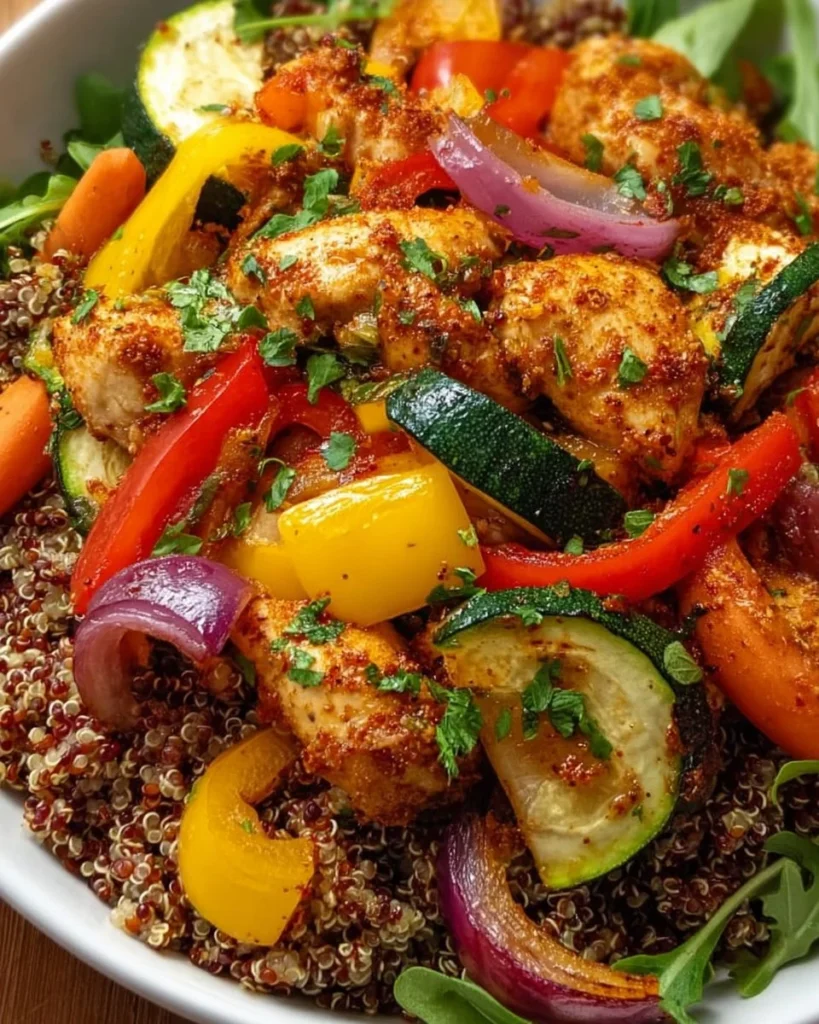 Bowl of paprika roasted vegetable quinoa with colorful veggies and herbs
