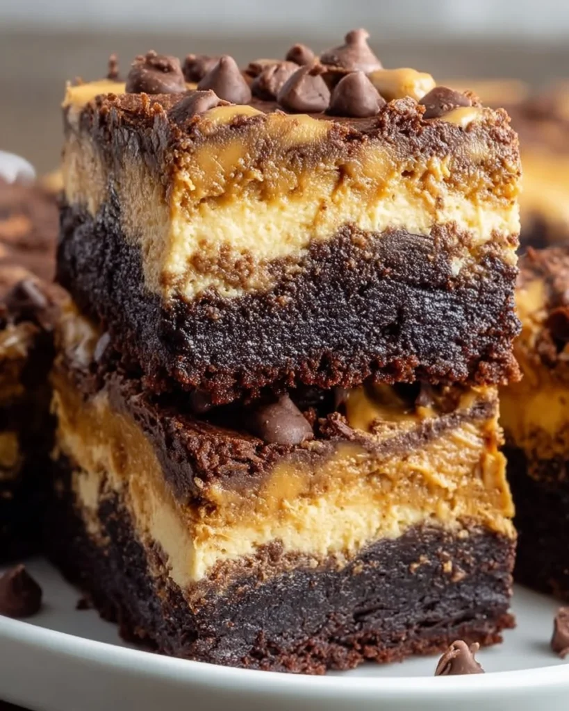 Delicious peanut butter cheesecake brownie bars with swirls of cheesecake