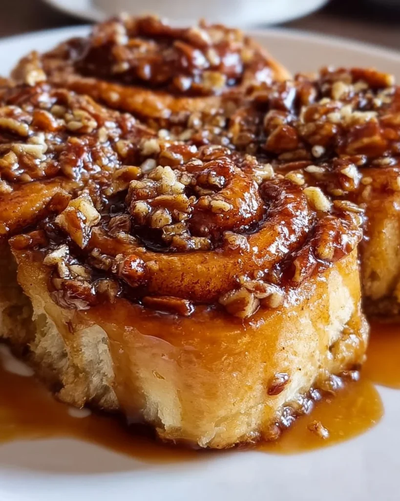 Pecan Pie Cinnamon Rolls fresh out of the oven, drizzled with pecan pie glaze