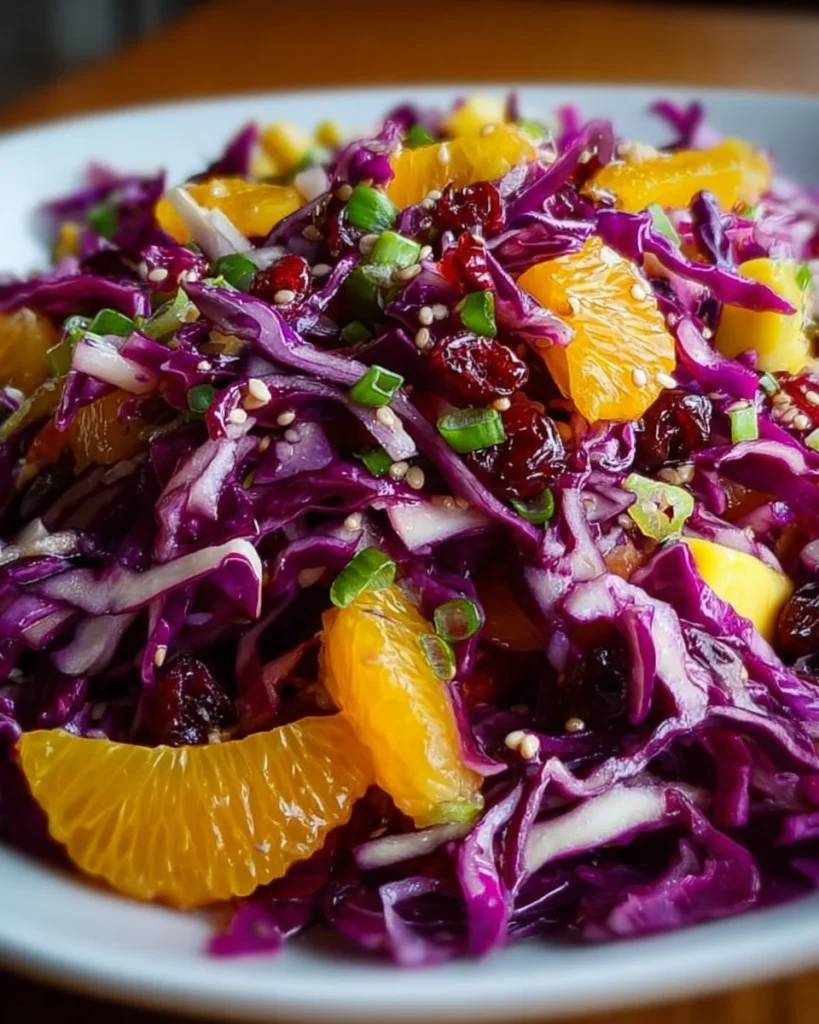 Purple cabbage slaw with mango and cranberries in a colorful bowl