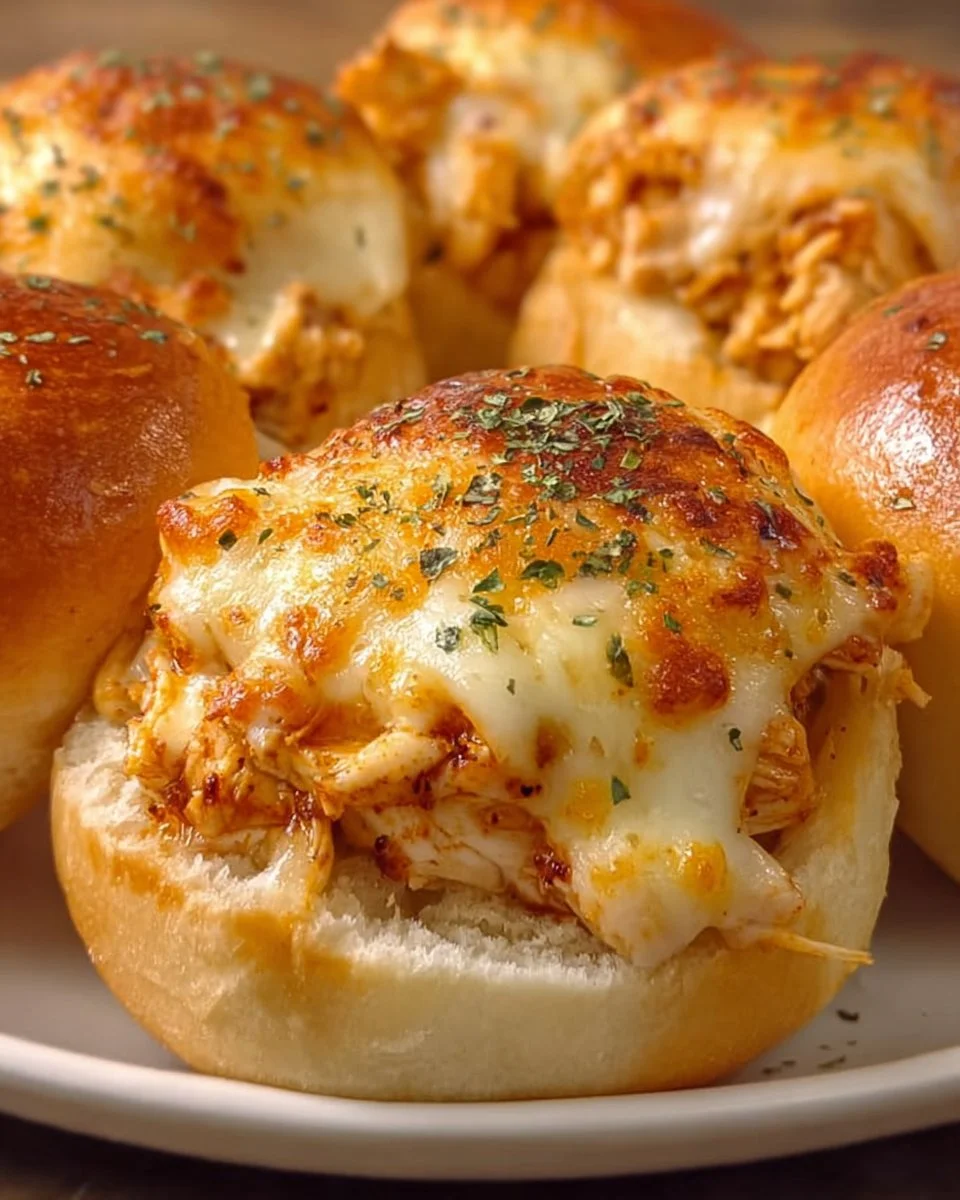 Plate of quick cheesy chicken buns topped with melted cheese and herbs
