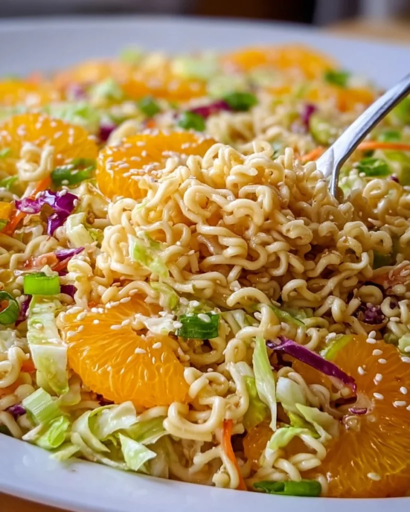 Fresh and colorful ramen noodle salad with vegetables and dressing