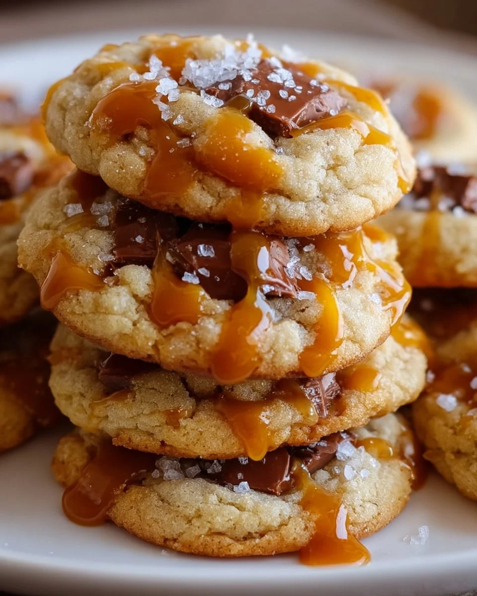 Freshly baked salted caramel cookies topped with flaky sea salt