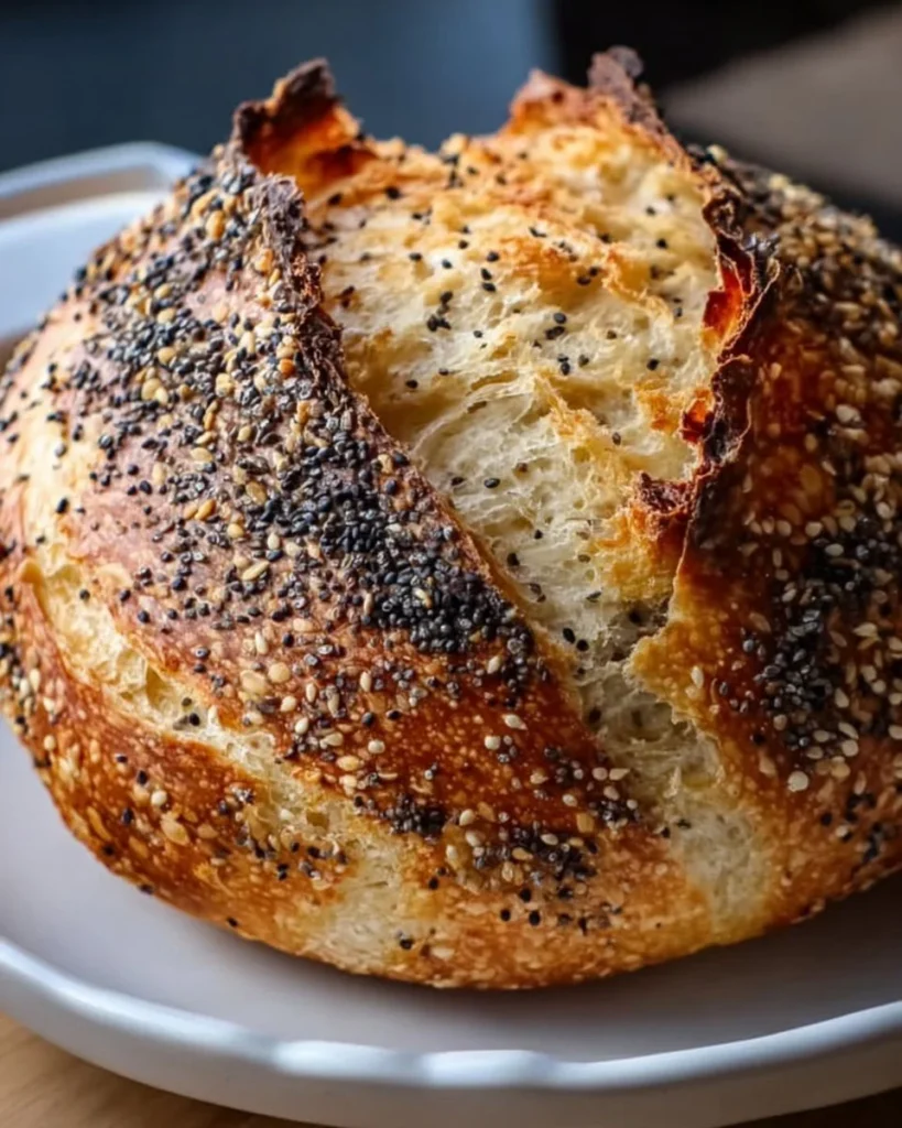 Freshly baked same-day sourdough boule topped with everything seeds