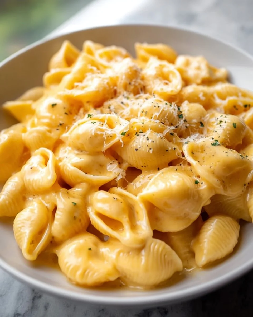 Bowl of creamy shells and cheese with a sprinkle of parsley on top.
