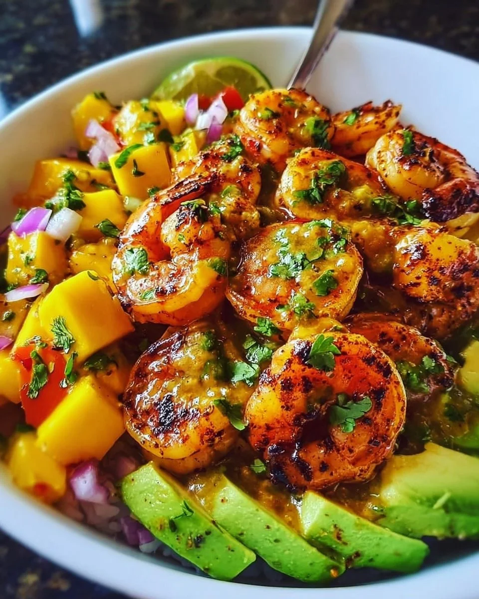 Shrimp avocado bowls with mango salsa and lime-chili sauce served in a bowl