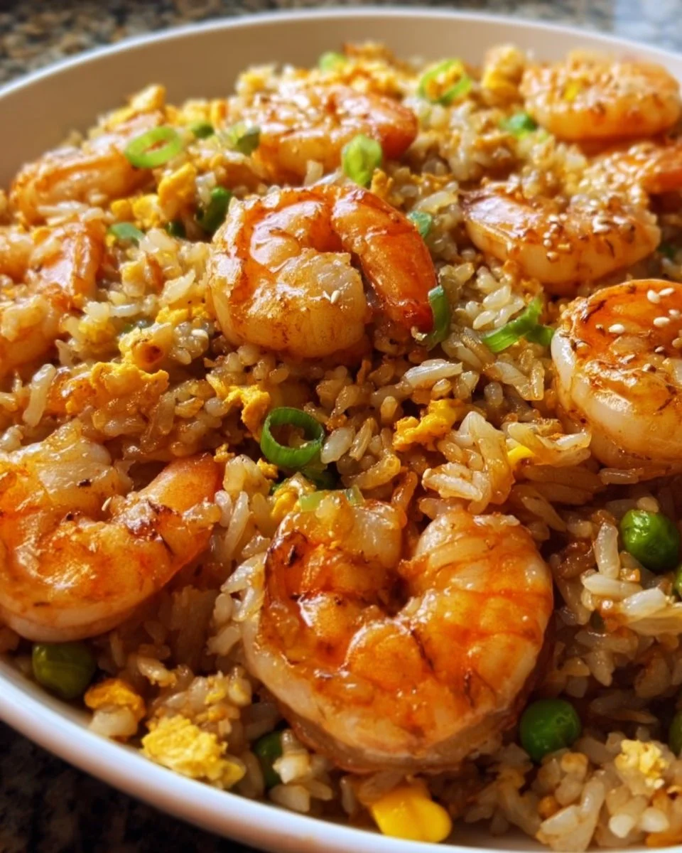 Plate of delicious shrimp fried rice with colorful vegetables