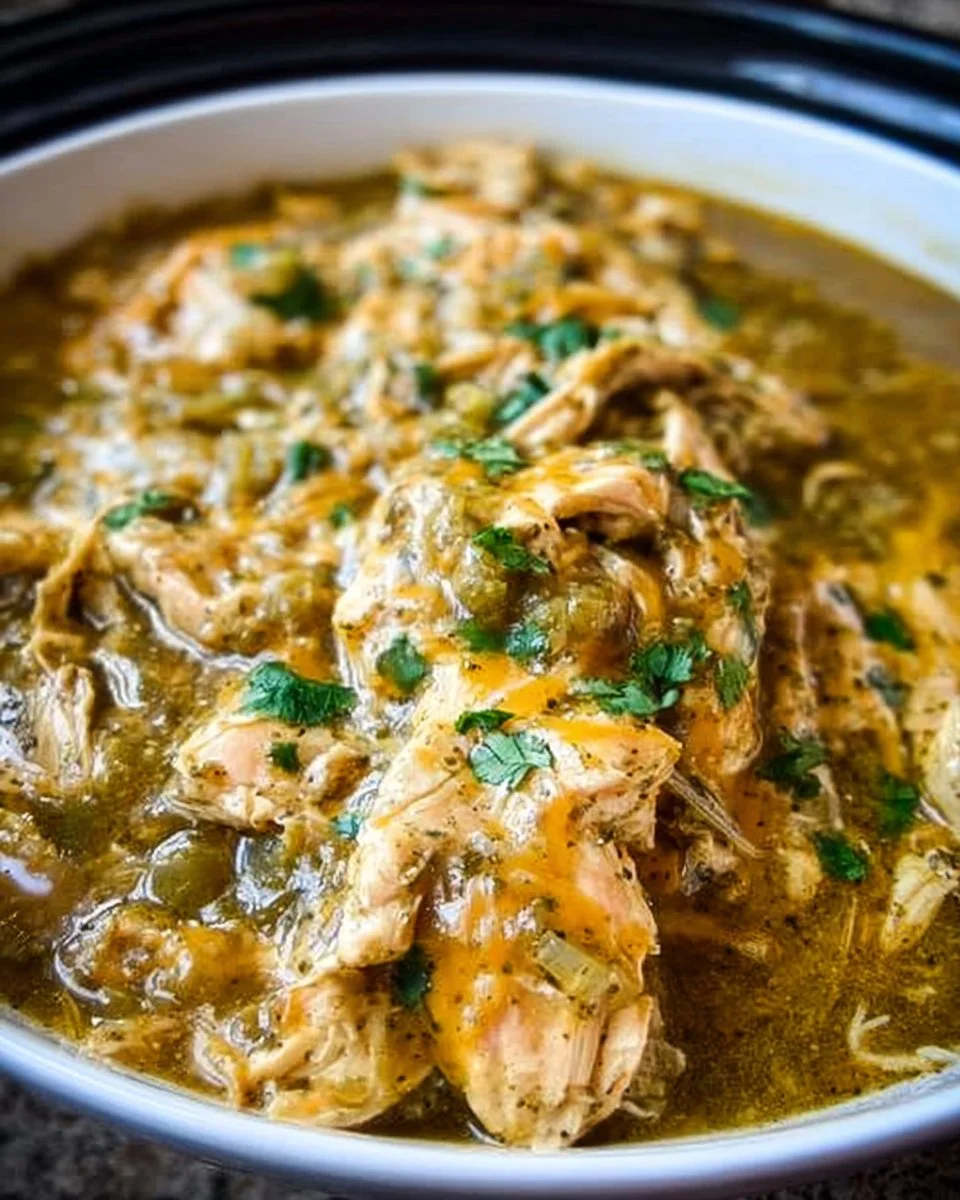 Slow cooker green chili chicken dish with peppers and seasoning