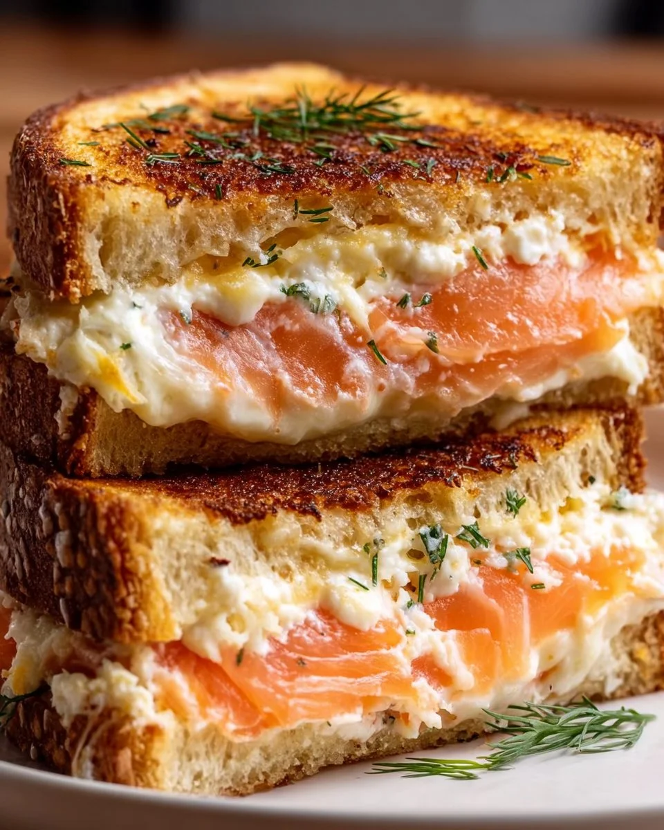 Smoked salmon grilled cheese sandwich with melting cheese on toasted bread