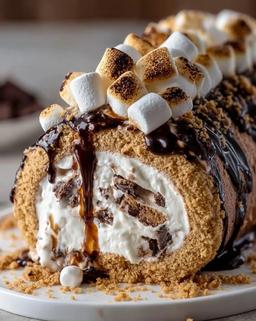 S'mores cookie dough ice cream roll with chocolate and marshmallows