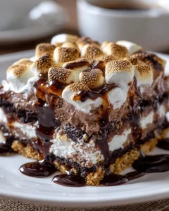 Layered S'mores Lasagna dessert with chocolate, marshmallows, and graham crackers
