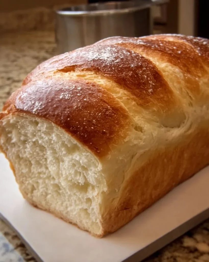 Slice of fluffy homemade sourdough sandwich bread on a wooden cutting board