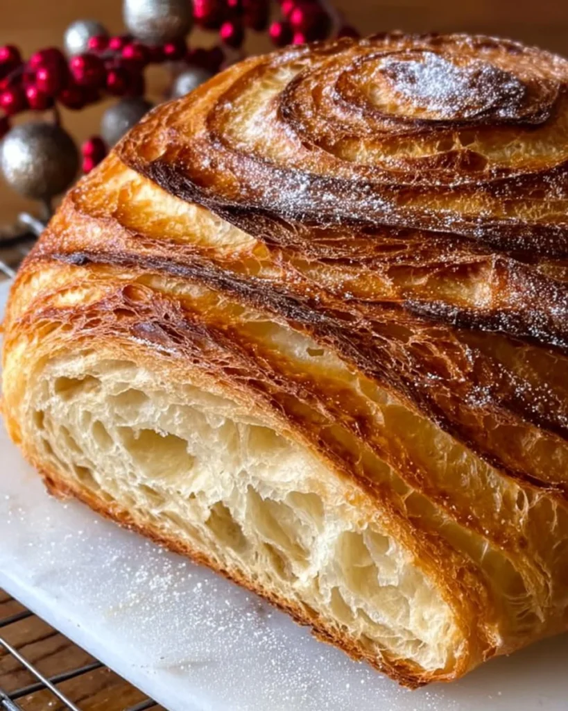 Golden and flaky sourdough croissant bread on a rustic wooden table