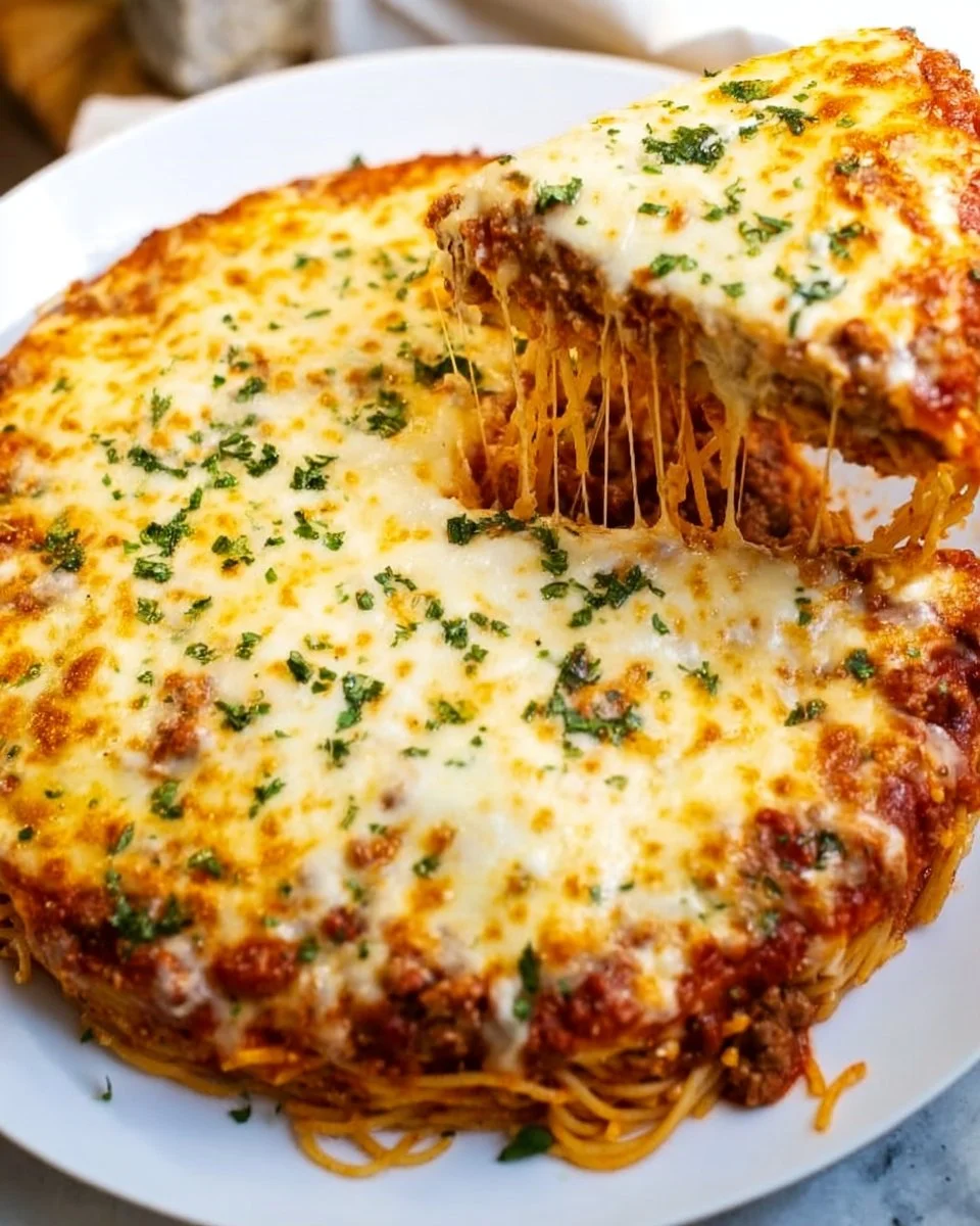 Baked Spaghetti Pie with cheese and herbs served on a plate