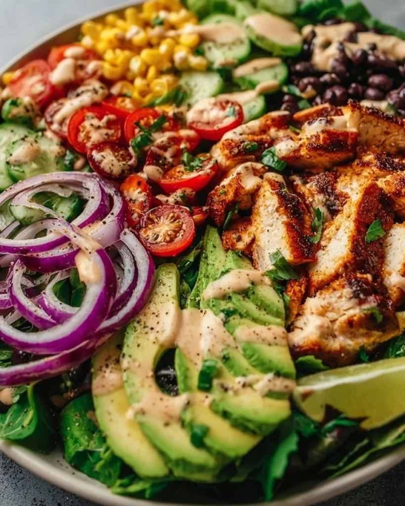 Fresh spicy avocado salad with vibrant vegetables and a zesty dressing
